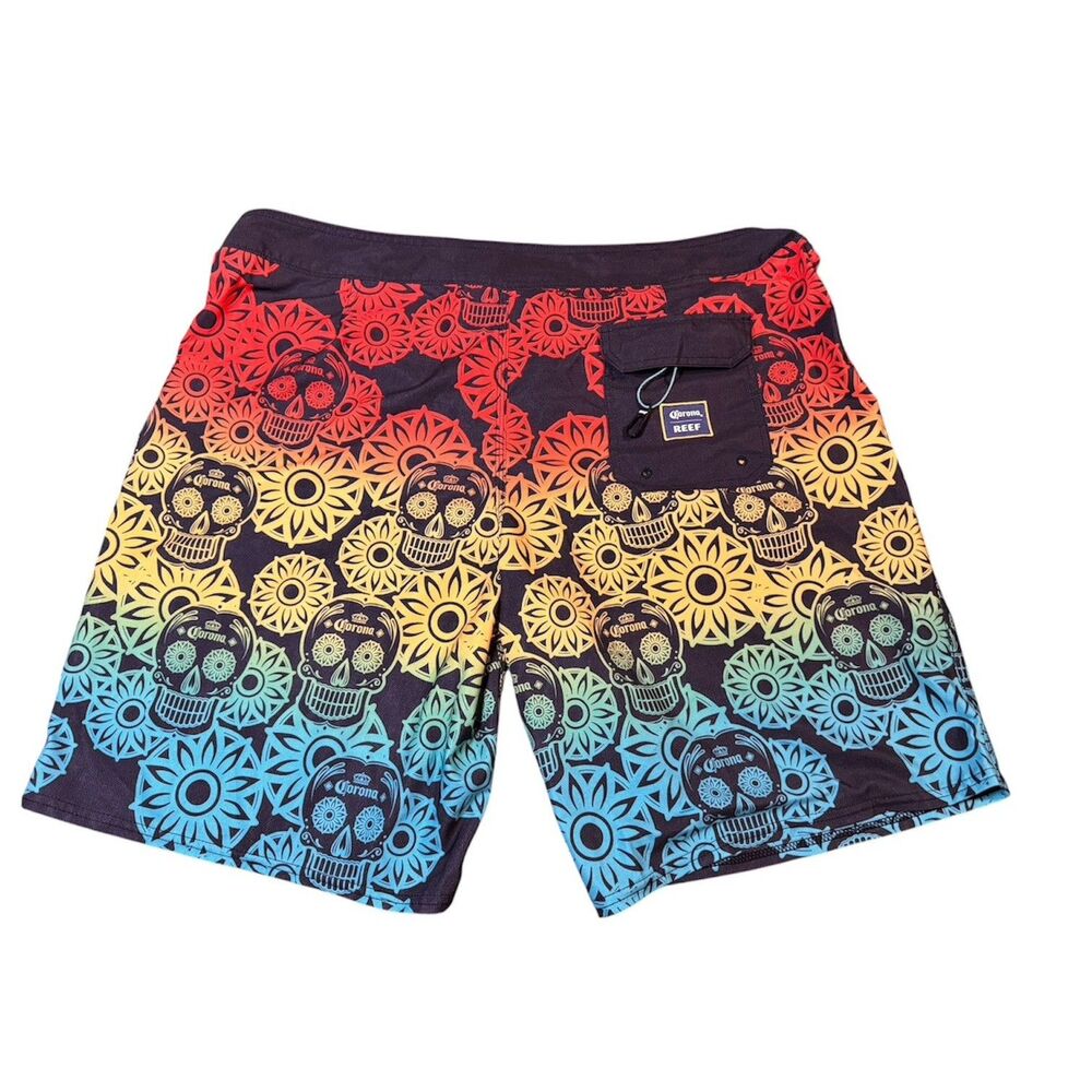 REEF Corona Extra Day Of The Dead Skulls Mens 42 Board Shorts Beer Beach Hawaii